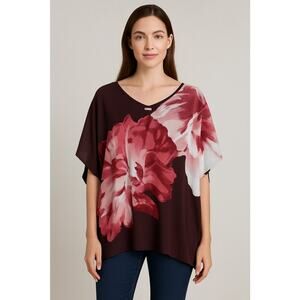 Chico’s S/M Sheer Floral Blouse Burgundy Pink Oversized Poncho Top Flowy